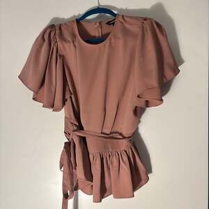 Express Flutter Sleeve Tie-Waist Peplum Top in Dusty Rose